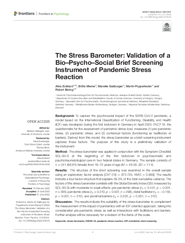 (PDF) The Stress Barometer: Validation of a Bio–Psycho–Social Brief ...