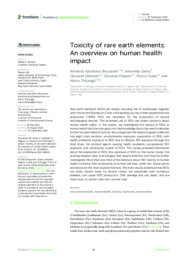 (PDF) Toxicity of rare earth elements: An overview on human health impact