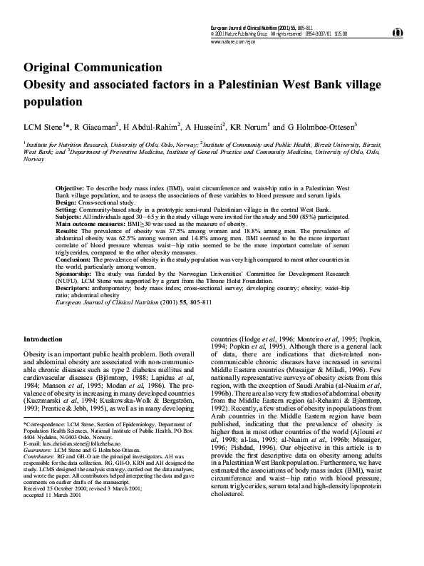 Obesity and associated factors in a Palestinian West Bank village population
