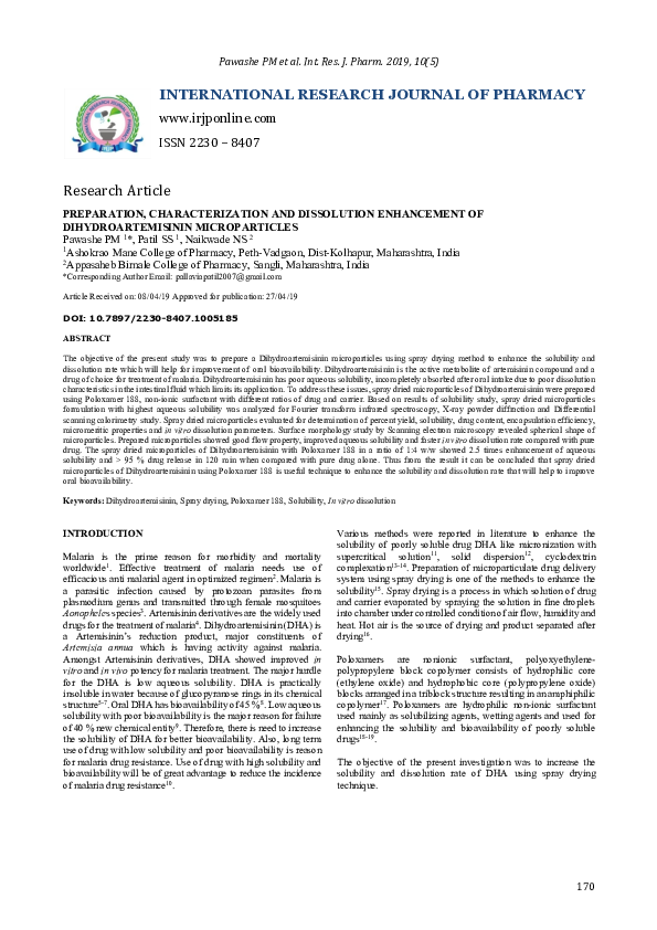 (PDF) Preparation, characterization and dissolution behavior of ...