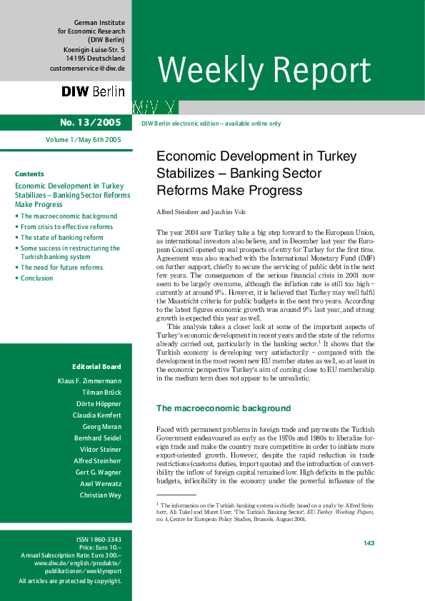 Economic Development in Turkey Stabilizes: Banking Sector Reforms Make Progress