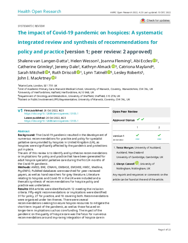 (PDF) The impact of Covid-19 pandemic on hospices: A systematic ...