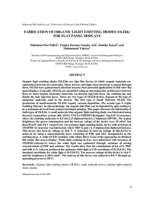 (PDF) FABRICATION OF ORGANIC LIGHT EMITTING DIODES (OLEDs) FOR FLAT ...