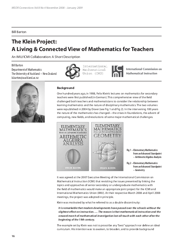 (PDF) The Klein Project: A Living & Connected View of Mathematics for ...