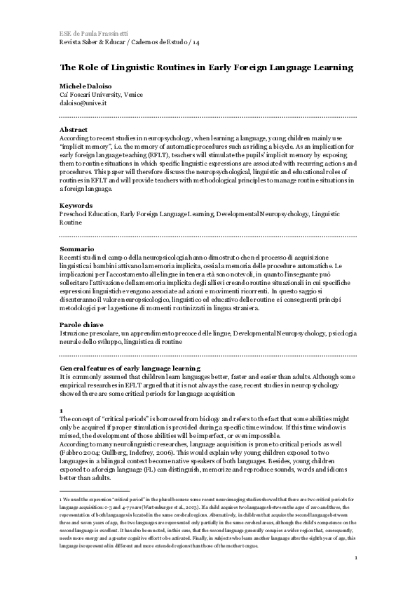 (PDF) The Role of Linguistic Routines in Early Foreign Language Learning