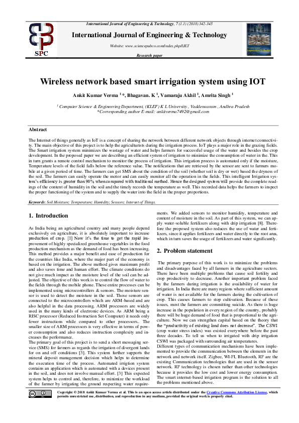 (PDF) Wireless network based smart irrigation system using IOT