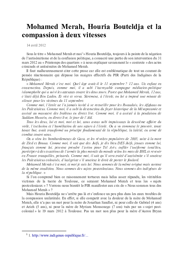 (PDF) Mohamed Merah, Houria Bouteldja et la compassion à deux vitesses