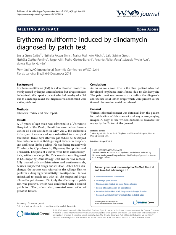 (PDF) Erythema multiforme induced by clindamycin diagnosed by patch test