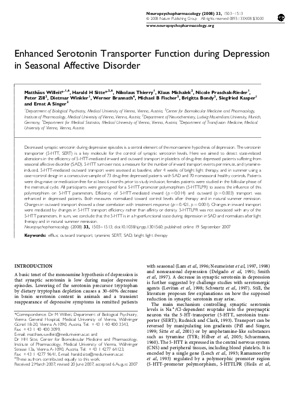 (PDF) Enhanced Serotonin Transporter Function during Depression in ...