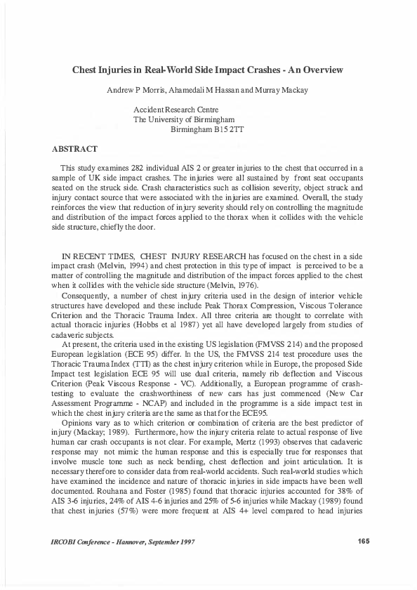 (PDF) Chest injuries in real-world side impact crashes: An overview