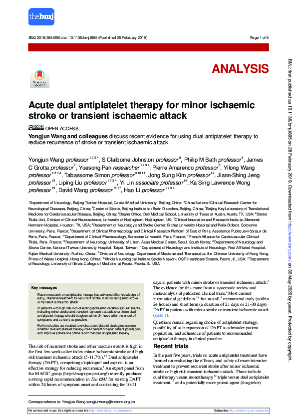 (PDF) Acute dual antiplatelet therapy for minor ischaemic stroke or ...