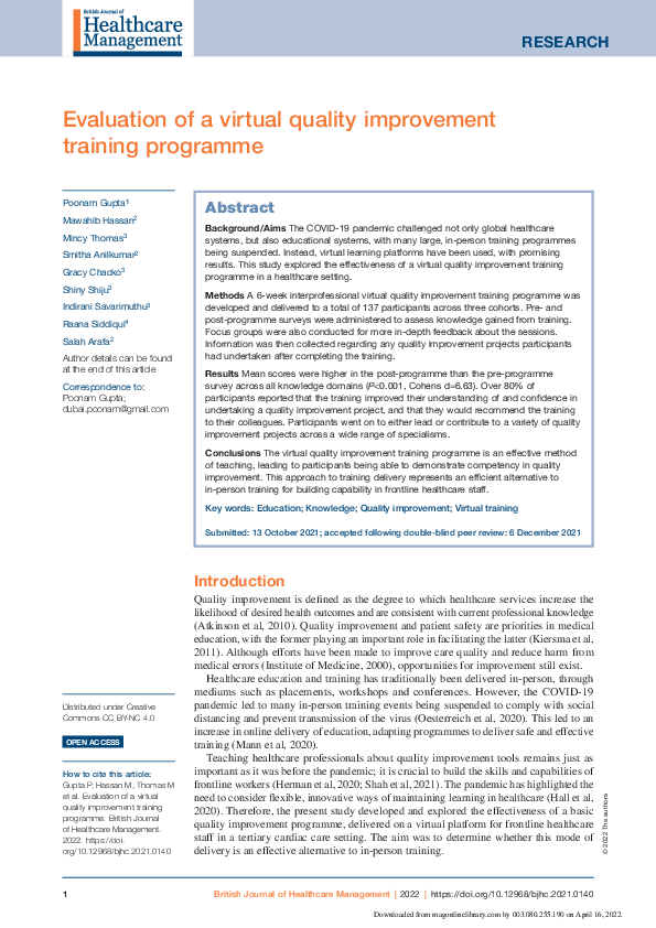 (PDF) Evaluation of a virtual quality improvement training programme