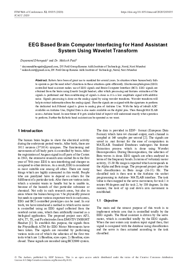 (PDF) EEG Based Brain Computer Interfacing for Hand Assistant System ...