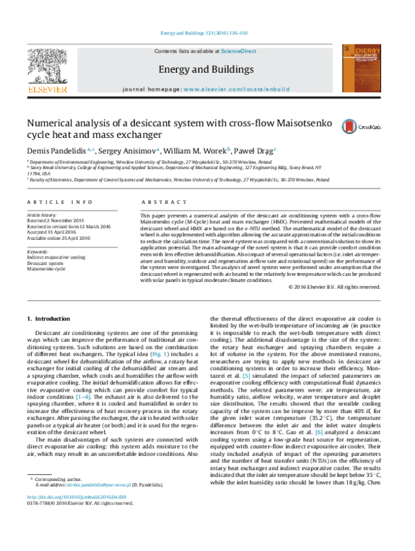 (PDF) Numerical analysis of a desiccant system with cross-flow ...