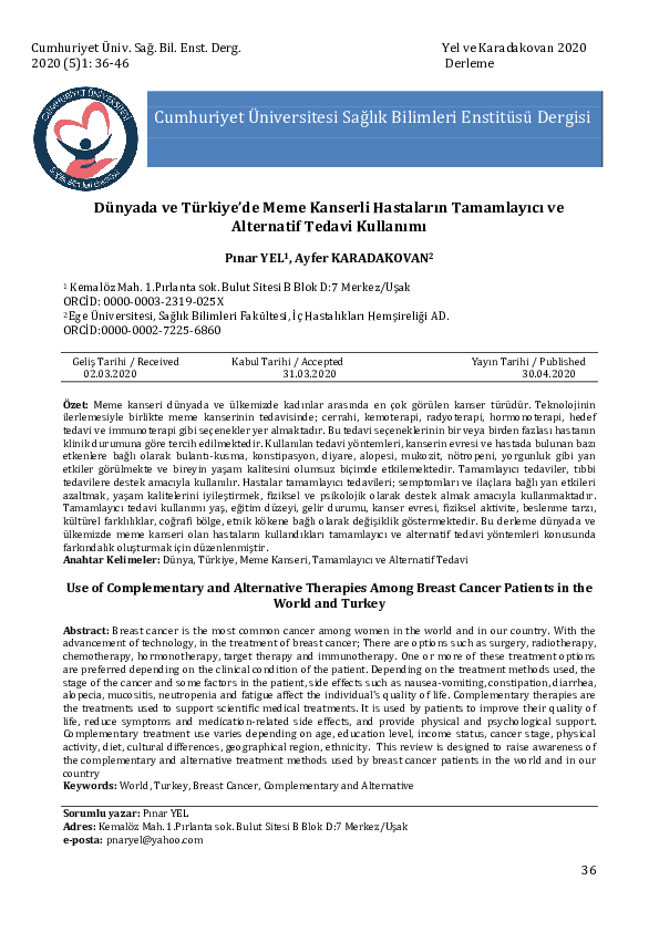 Dünyada ve Türkiye’de Meme Kanserli Hastaların Tamamlayıcı ve Alternatif Tedavi Kullanımı