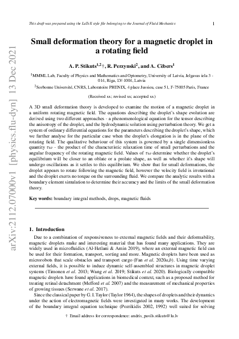 (PDF) Small deformation theory for a magnetic droplet in a rotating field