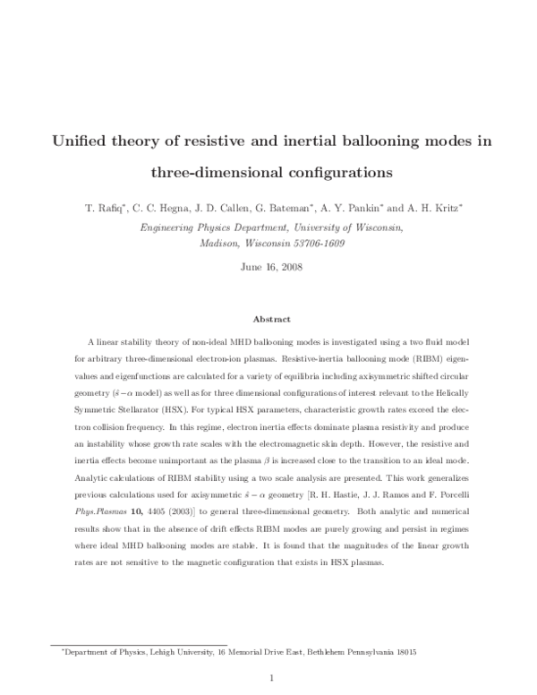 (PDF) Unified theory of resistive and inertial ballooning modes in ...