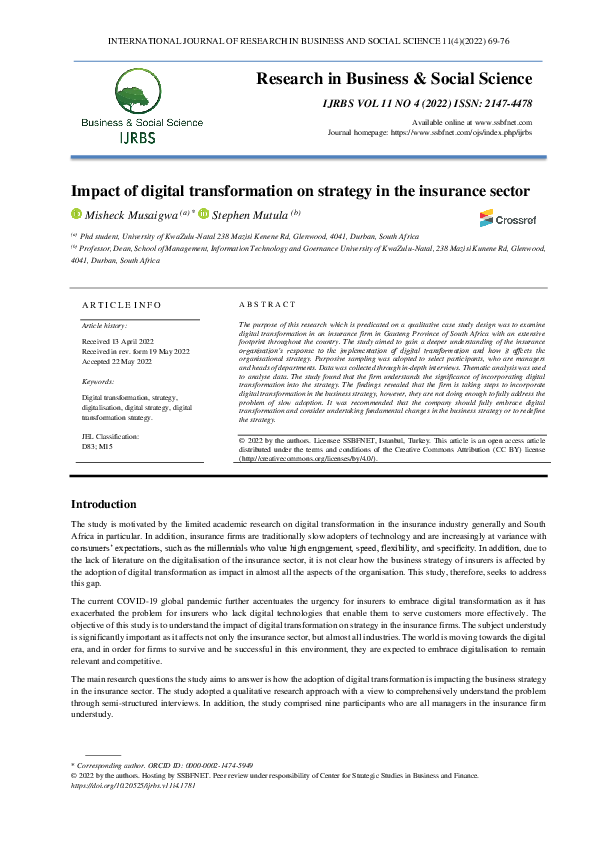 (PDF) Impact of digital transformation on strategy in the insurance sector