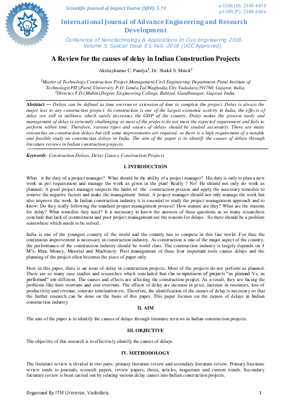 (PDF) A Review for the Causes of Delay in Indian Construction Projects