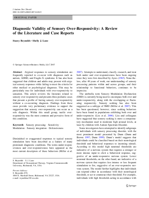 (PDF) Diagnostic Validity of Sensory Over-Responsivity: A Review of the ...