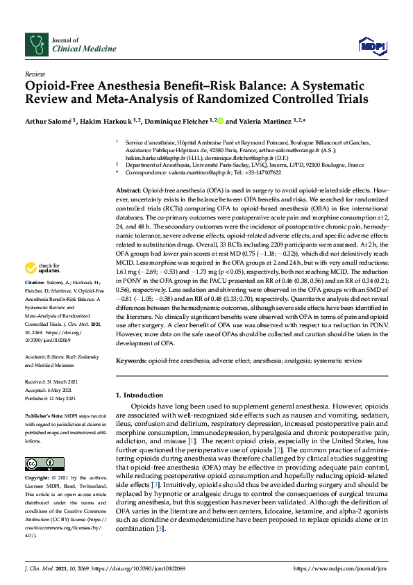 pdf-opioid-free-anesthesia-benefit-risk-balance-a-systematic-review