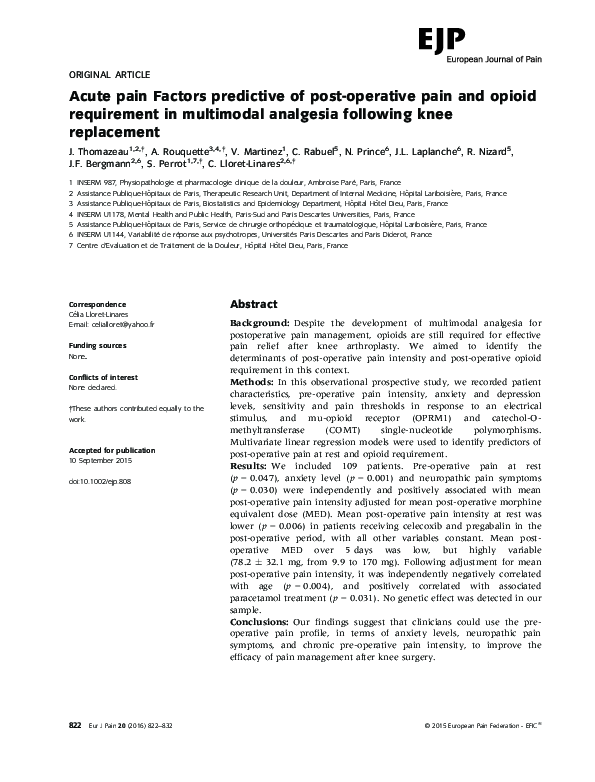 (PDF) Acute pain Factors predictive of post-operative pain and opioid ...