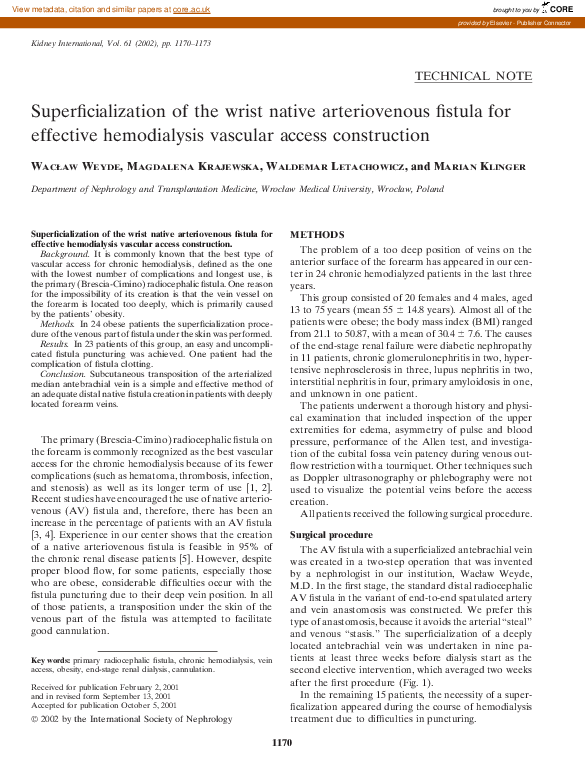 (PDF) Superficialization of the wrist native arteriovenous fistula for ...