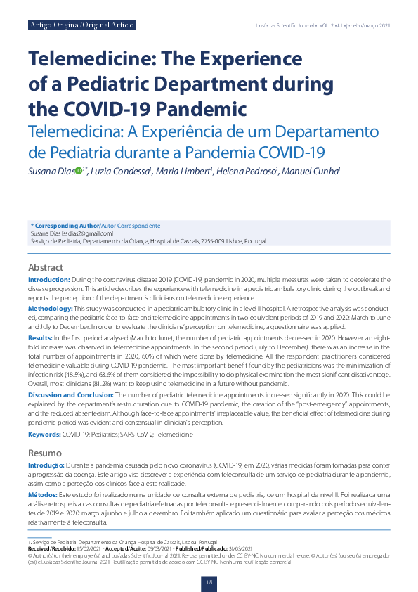 (PDF) Telemedicine – The Experience of a Pediatric Department during ...