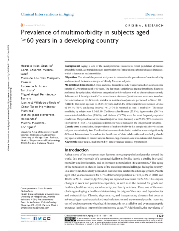 (PDF) Prevalence of multimorbidity in subjects aged ≥60 years in a ...