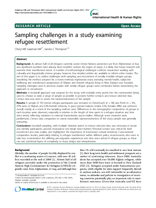 (PDF) Sampling challenges in a study examining refugee resettlement