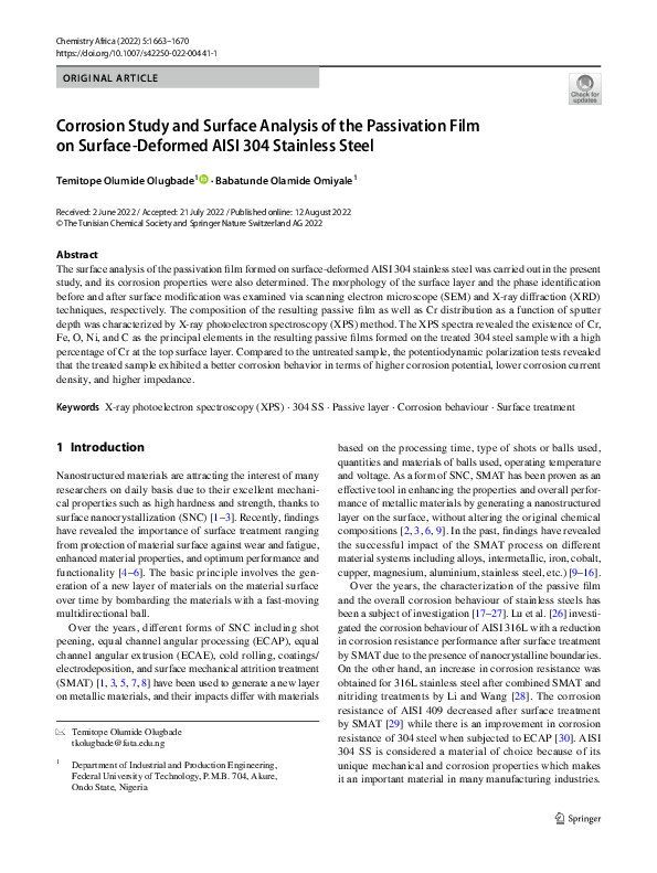 (PDF) Corrosion Study and Surface Analysis of the Passivation Film on ...