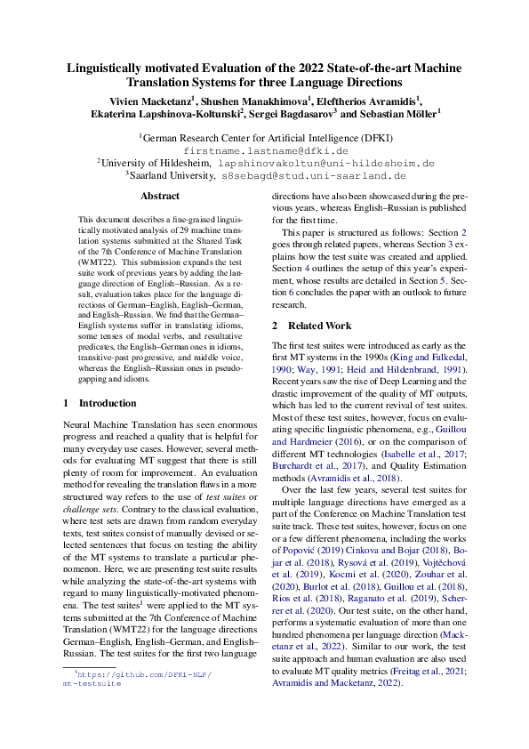 (PDF) Linguistically motivated Evaluation of the 2022 State-of-the-art ...