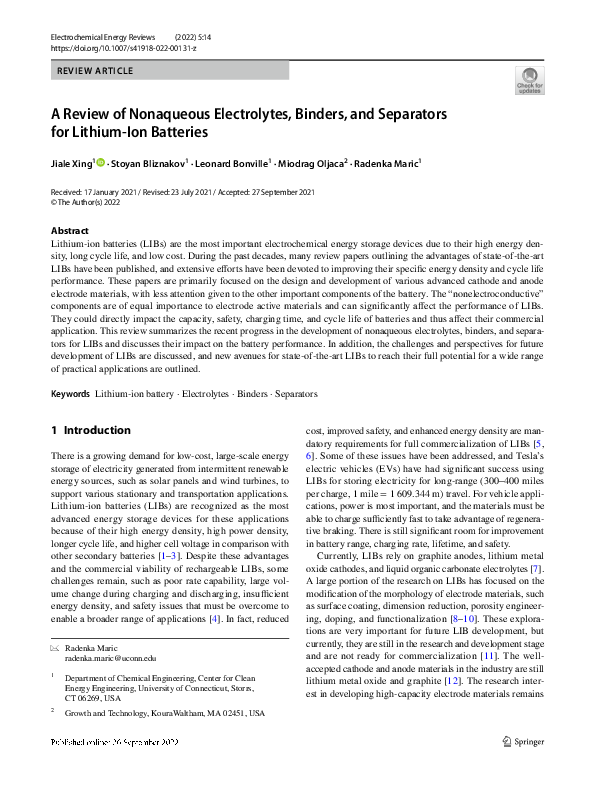 (PDF) A Review of Nonaqueous Electrolytes, Binders, and Separators for ...