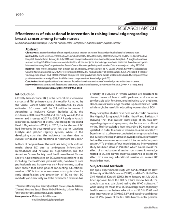 (PDF) Effectiveness of educational intervention in raising knowledge ...
