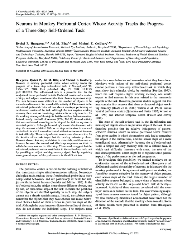 (PDF) Neurons in Monkey Prefrontal Cortex Whose Activity Tracks the ...