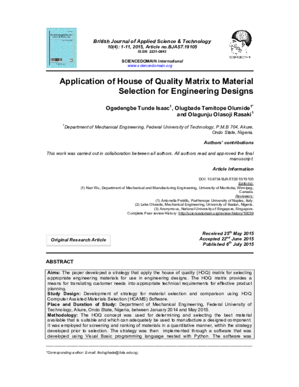 (PDF) Application of House of Quality Matrix to Material Selection for ...