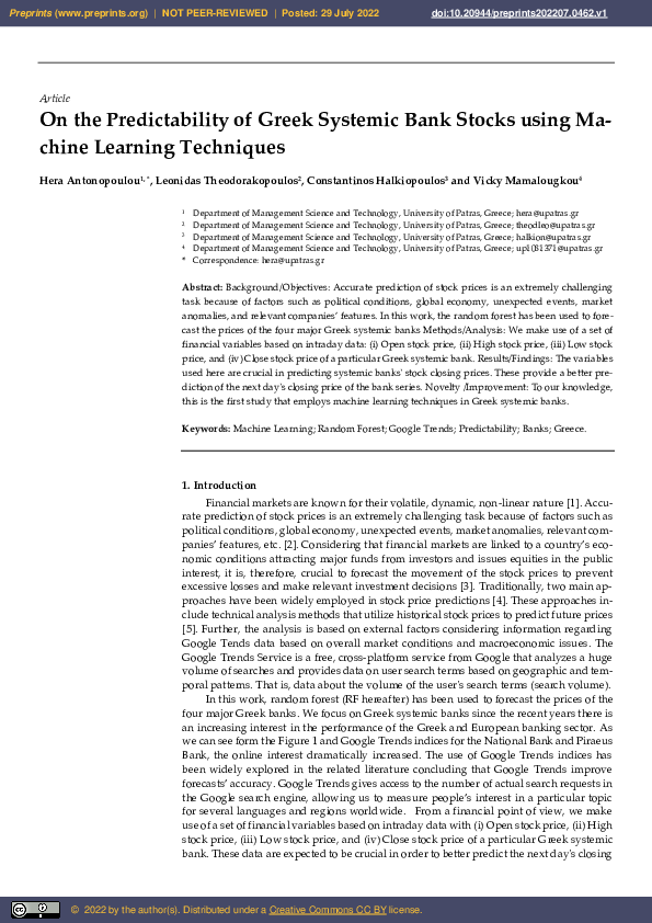 (PDF) On the Predictability of Greek Systemic Bank Stocks using Machine ...