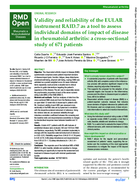 (PDF) Validity and reliability of the EULAR instrument RAID.7 as a tool ...