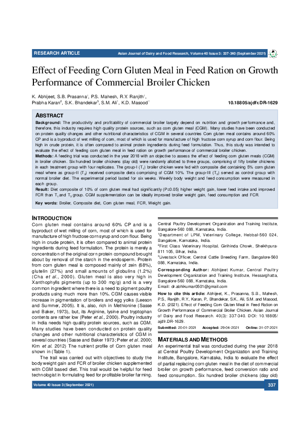 (PDF) Effect of Feeding Corn Gluten Meal in Feed Ration on Growth