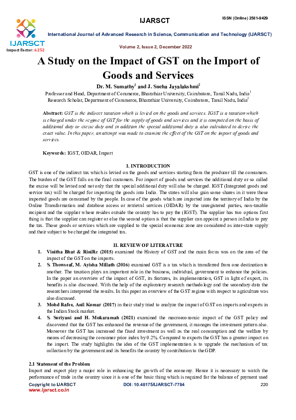 (PDF) A Study on the Impact of GST on the Import of Goods and Services