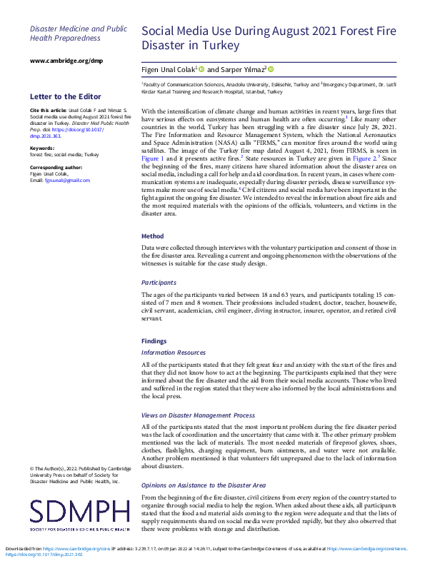 (PDF) Social Media Use During August 2021 Forest Fire Disaster in Turkey
