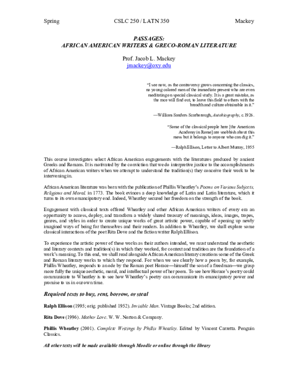 (PDF) PASSAGES: AFRICAN AMERICAN WRITERS & GRECO-ROMAN LITERATURE