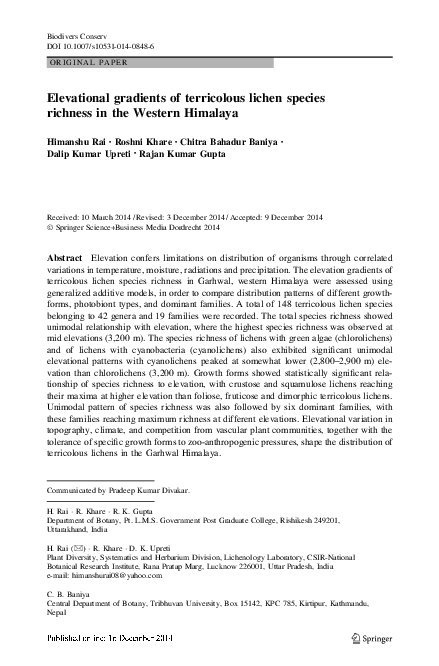 (PDF) Elevational gradients of terricolous lichen species richness in ...
