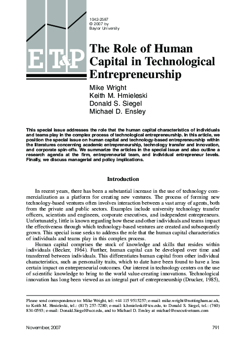 (PDF) The Role of Human Capital in Technological Entrepreneurship