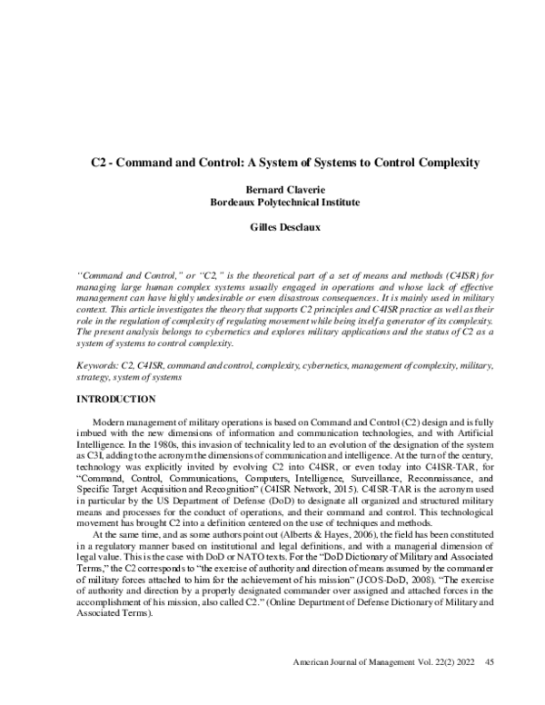 (PDF) C2 - Command and Control: A System of Systems to Control Complexity