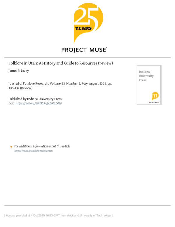 (PDF) Folklore in Utah: A History and Guide to Resources (review)