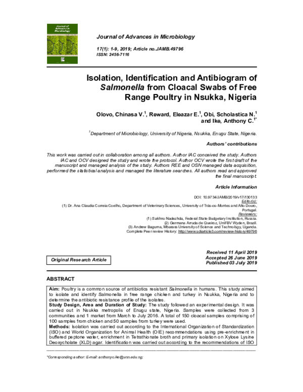 (PDF) Isolation, Identification and Antibiogram of Salmonella from ...