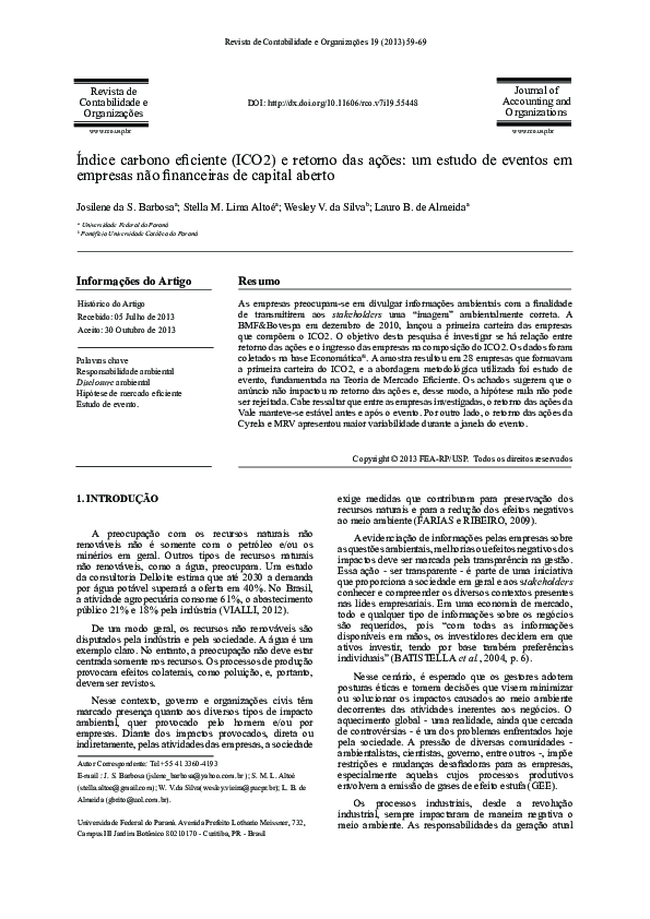 (PDF) Índice Carbono Eficiente (ICO2) e Retorno Das Ações: Um Estudo De ...