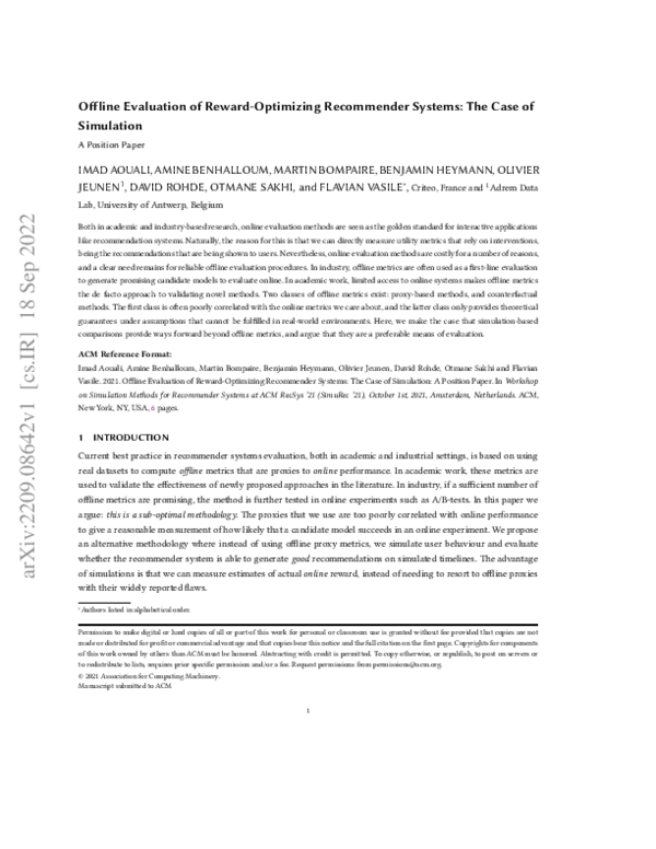 (PDF) Offline Evaluation of Reward-Optimizing Recommender Systems: The ...