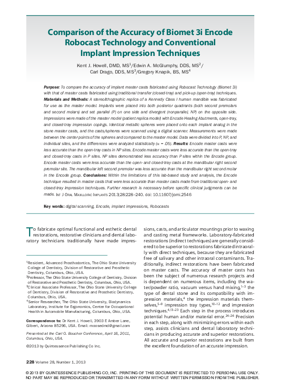 (PDF) Comparison of the Accuracy of Biomet 3i Encode Robocast Technology and Conventional